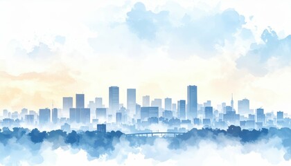 Poster - Serene Watercolor Cityscape With Soft Edges and Translucent Colors
