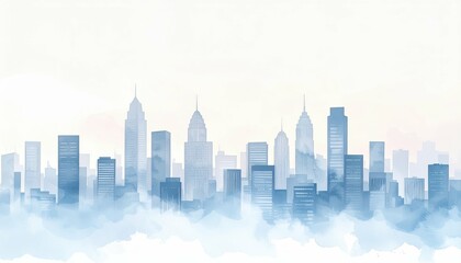 Poster - Serene Cityscape Rendered in Watercolor with Soft Edges and Colors