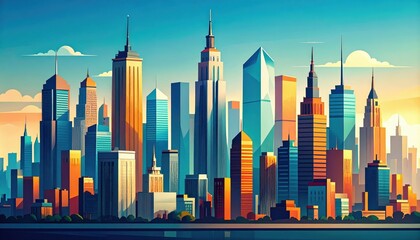 Poster - Vibrant Cityscape Under a Bright Blue Sky with Sharp Details