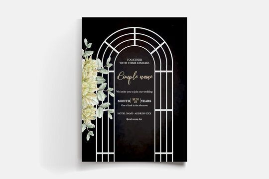 WEDDING INVITATION FRAME WITH FLOWER DECORATIONS AND FRESH LEAVES