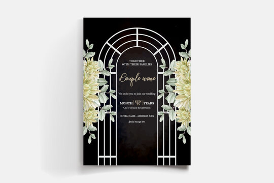 WEDDING INVITATION FRAME WITH FLOWER DECORATIONS AND FRESH LEAVES