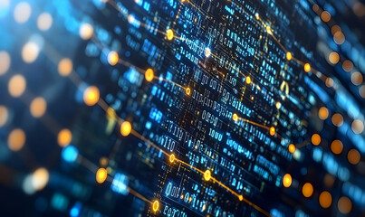 Abstract, blue, digital matrix with binary code connected by orange lines, glowing