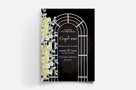 WEDDING INVITATION FRAME WITH FLOWER DECORATIONS AND FRESH LEAVES