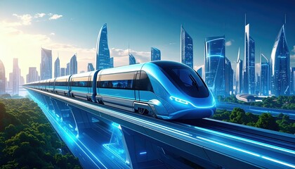 Poster - Futuristic Cityscape with Elevated Train System and Sleek Trains