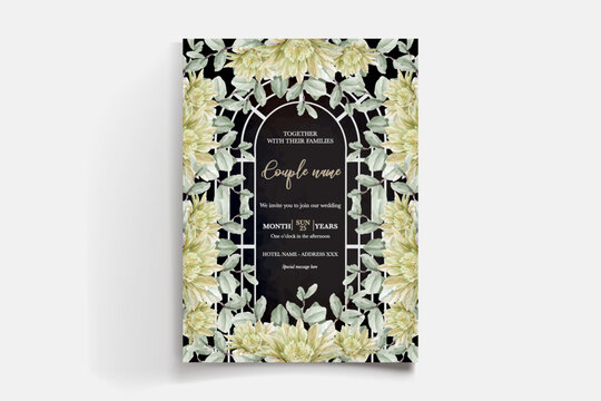 WEDDING INVITATION FRAME WITH FLOWER DECORATIONS AND FRESH LEAVES