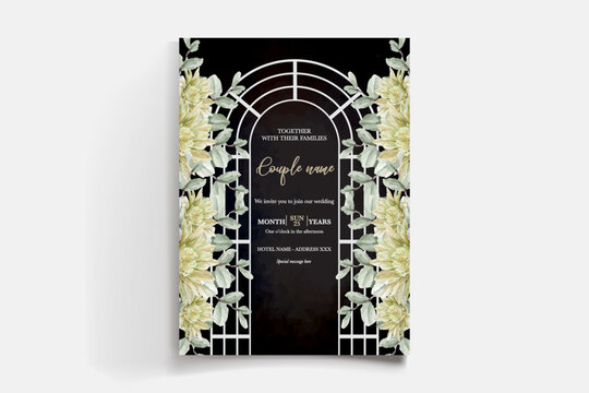 WEDDING INVITATION FRAME WITH FLOWER DECORATIONS AND FRESH LEAVES