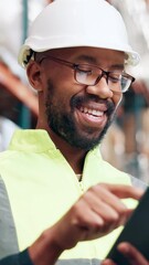Poster - Checklist, laughing and tablet with black man in warehouse for logistics, shipping or supply chain company. Inventory, stock and storage with person in depot for distribution or packaging surplus