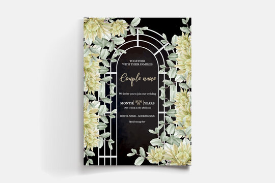 WEDDING INVITATION FRAME WITH FLOWER DECORATIONS AND FRESH LEAVES