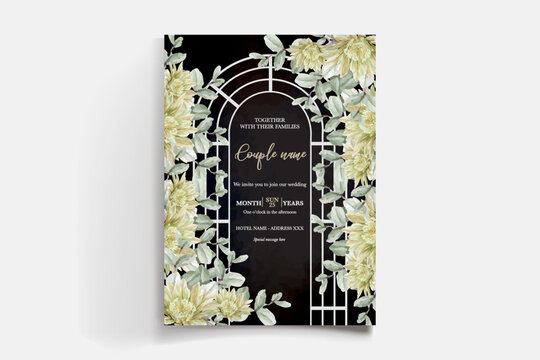 WEDDING INVITATION FRAME WITH FLOWER DECORATIONS AND FRESH LEAVES