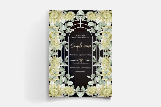WEDDING INVITATION FRAME WITH FLOWER DECORATIONS AND FRESH LEAVES