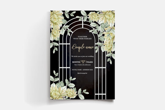 WEDDING INVITATION FRAME WITH FLOWER DECORATIONS AND FRESH LEAVES