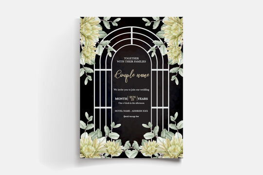 WEDDING INVITATION FRAME WITH FLOWER DECORATIONS AND FRESH LEAVES
