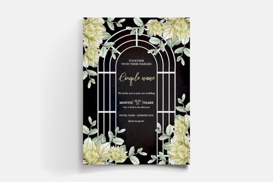WEDDING INVITATION FRAME WITH FLOWER DECORATIONS AND FRESH LEAVES