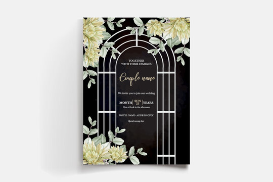 WEDDING INVITATION FRAME WITH FLOWER DECORATIONS AND FRESH LEAVES
