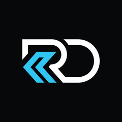 Poster - this is a monogram image of a connected letters RD with arrow in modern font style that looks bold in white and blue color on a black background