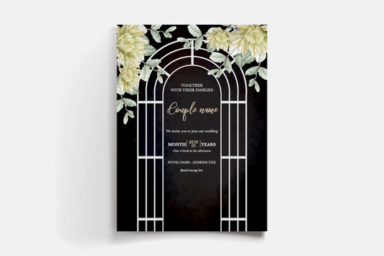 WEDDING INVITATION FRAME WITH FLOWER DECORATIONS AND FRESH LEAVES