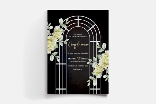 WEDDING INVITATION FRAME WITH FLOWER DECORATIONS AND FRESH LEAVES