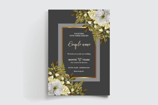 WEDDING INVITATION FRAME WITH FLOWER DECORATIONS AND FRESH LEAVES