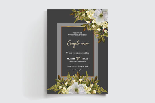 WEDDING INVITATION FRAME WITH FLOWER DECORATIONS AND FRESH LEAVES