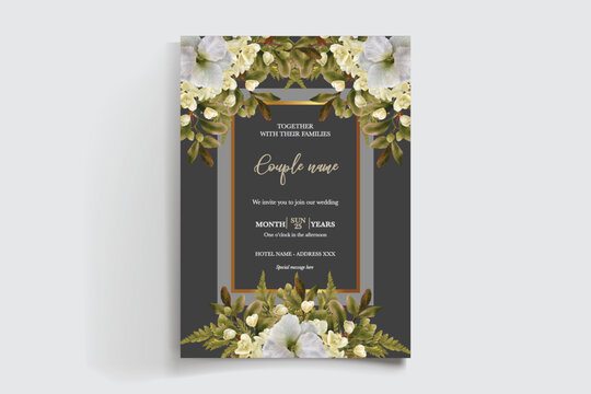 WEDDING INVITATION FRAME WITH FLOWER DECORATIONS AND FRESH LEAVES