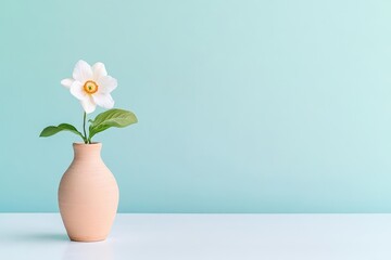 Poster - Elegant White Flower in Simple Glass Vase on Wooden Table Evoking Minimalist Aesthetic and Tranquil Atmosphere for Home Decor and Interior Design