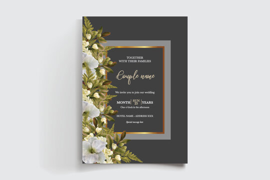 WEDDING INVITATION FRAME WITH FLOWER DECORATIONS AND FRESH LEAVES