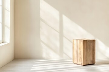 Poster - A Close Up of a Rustic Wooden Cube Placed Elegantly on a Bright White Floor Creating a Minimalist and Contemporary Artistic Ambiance in the Room