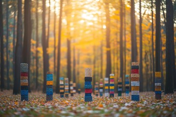 Poster - Vibrant Colorful Wooden Blocks Arranged Playfully on Forest Floor Surrounded by Lush Greenery and Sunlight Creating a Whimsical Natural Atmosphere