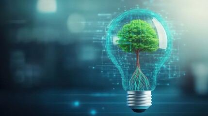 Poster - Illuminating Concept of Nature and Technology Blended Together with a Tree Inside a Light Bulb Symbolizing Growth Sustainability and Innovation