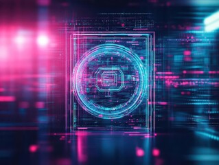 Fototapete - Futuristic Computer Chip with Vibrant Blue and Pink Neon Circuit Patterns Illuminating the Technology Theme in a High-Tech Digital Environment