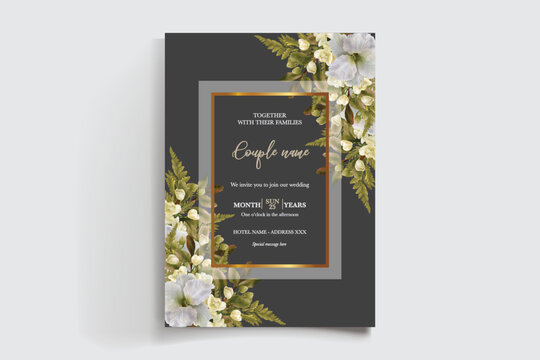 WEDDING INVITATION FRAME WITH FLOWER DECORATIONS AND FRESH LEAVES