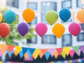 Poster - Vibrant Colorful Paper Lanterns Adorning a String Illuminating a Festive Atmosphere at Night Creating a Whimsical and Cheerful Ambiance for Celebrations
