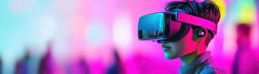 Poster - Man Engaged in Immersive Virtual Reality Experience with Futuristic Headset in Modern Room Creating a Sense of Innovation and Technology Exploration