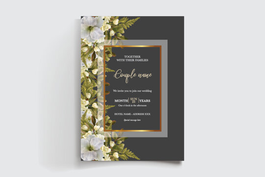 WEDDING INVITATION FRAME WITH FLOWER DECORATIONS AND FRESH LEAVES