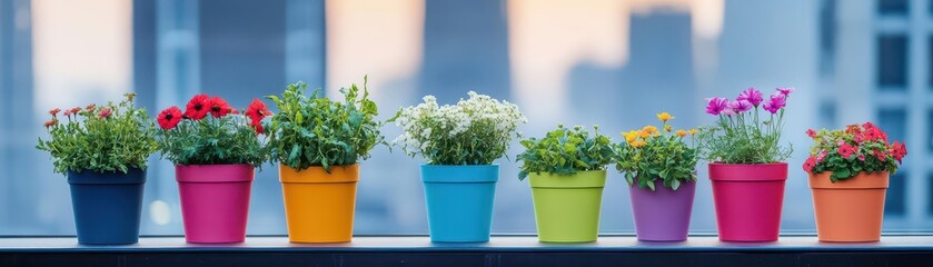 Poster - Vibrant Colorful Flower Pots Arranged on a Sunlit Window Sill Showcasing a Variety of Blooming Plants Creating a Cheerful and Inviting Atmosphere