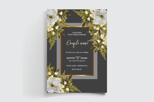 WEDDING INVITATION FRAME WITH FLOWER DECORATIONS AND FRESH LEAVES