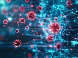 Poster - Vibrant Abstract Background Featuring Blue and Red Colors with a Cluster of Intricate Virus Shapes Creating a Dynamic and Engaging Visual Experience