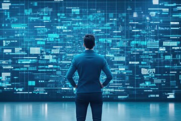 Poster - Businessman Analyzing Complex Data Wall in Modern Office Environment Reflecting Professionalism Concentration and Commitment to Achieving Goals