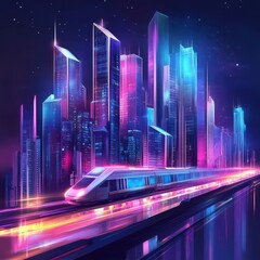 Poster - Futuristic Cityscape at Night with Vibrant Neon Lights and a Sleek Train Gliding Through the Urban Landscape Creating a Dynamic and Lively Atmosphere