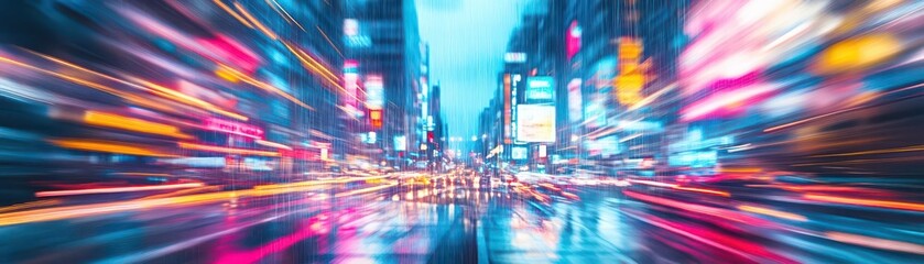 Poster - Vibrant Abstract Blur of Urban Street Scene at Night with Glowing Lights and Motion Creating a Dynamic and Energetic Atmosphere in the City