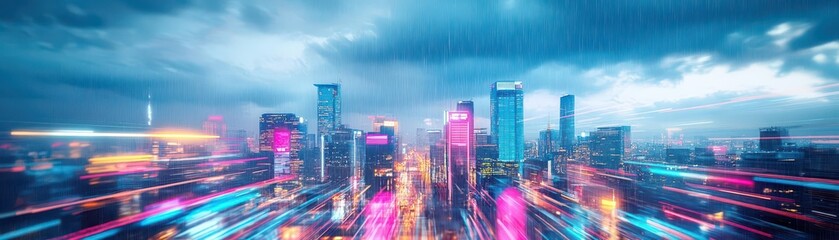 Poster - Vibrant Cityscape Illuminated at Night with a Kaleidoscope of Colorful Lights Reflecting on Urban Architecture Creating a Lively Urban Atmosphere