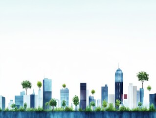 Poster - Lush Urban Oasis with Vibrant Trees Flourishing on Rooftops and City Streets Creating a Harmonious Blend of Nature and Modern Architecture