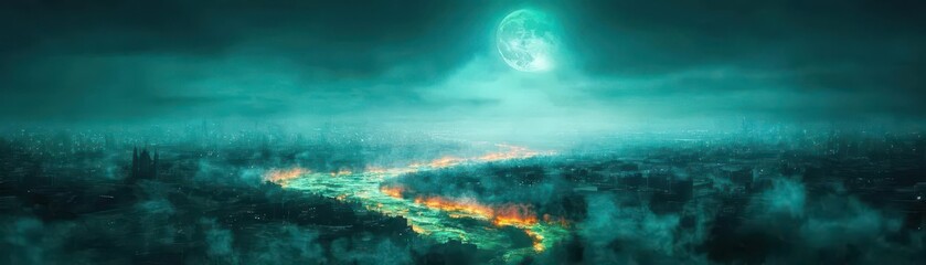 Poster - A Vibrant City Emerges from Lush Forest Surrounded by Enigmatic Green Flames Creating a Mystical and Surreal Urban Wilderness Landscape