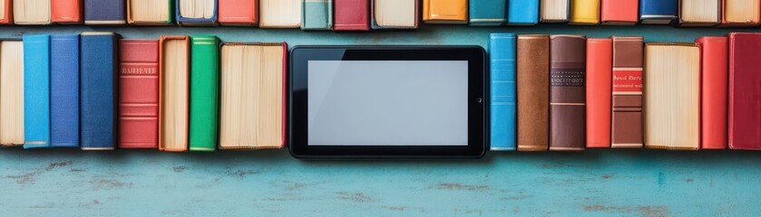 Poster - A Tablet Computer Elegantly Positioned Amidst a Collection of Colorful Books Creating a Cozy Inviting Atmosphere for Learning and Exploration