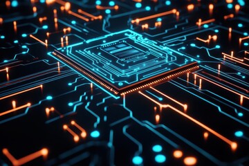 Poster - Intricate Circuit Board Design Illuminated with Glowing Blue and Orange Lights Creating a Futuristic and Technological Ambiance with Energy Flow