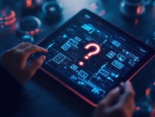 Poster - Individual Engaged with Digital Tablet Displaying Question Mark Symbolizing Curiosity and Inquiry in Modern Technology Driven Environment