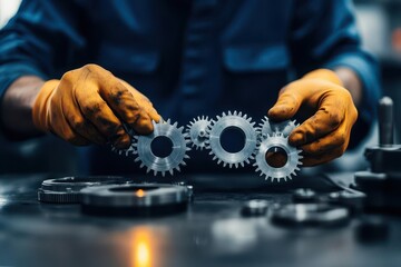 Poster - Focused Man in Blue Shirt and Gloves Skillfully Holding Two Interlocking Gears in a Workshop Setting with Industrial Elements and Tools Around