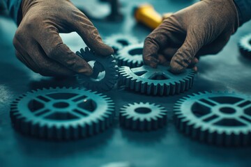 Poster - Focused Individual Engaged in Mechanical Work on Intricate Gears Demonstrating Skill Precision and Dedication in a Workshop Environment Surrounded by Tools