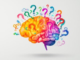 Poster - Vibrant Brain Illustrating Creativity and Curiosity Surrounded by Colorful Question Marks Symbolizing Knowledge Exploration and Intellectual Inquiry