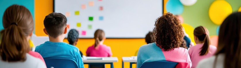 Poster - Vibrant Classroom Scene with Students Engaged at Desks Surrounded by Educational Materials and Brightly Colored Decorations in a Learning Environment